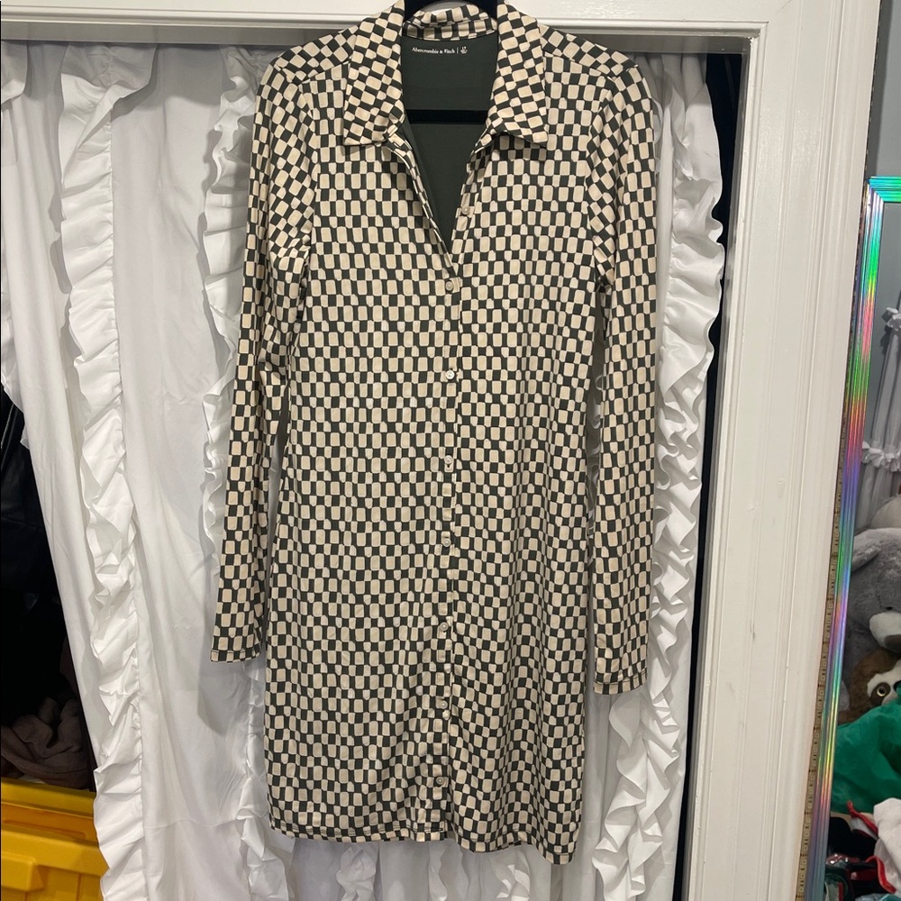 Abercrombie & Fitch green cream Long Sleeve slinky button shirt Dress euc TALL
